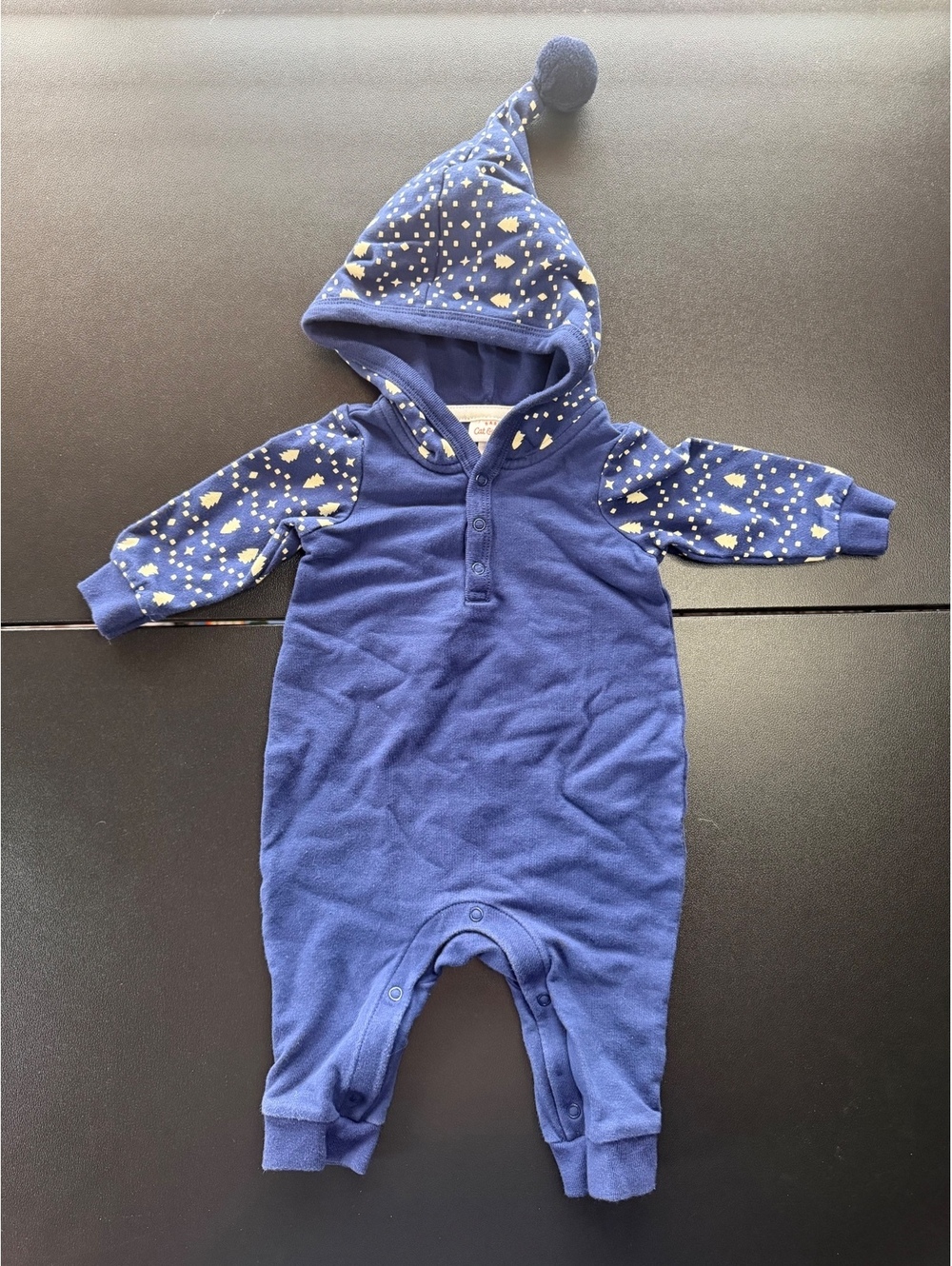 Cat & Jack Baby 0-3M Blue Hooded Romper Christmas Tree Print Pom Pom